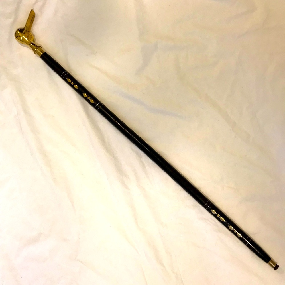 Brass Inlay Wood Walking Cane with Baseball Hat Handle